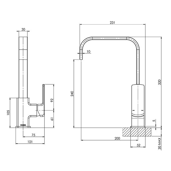 Phoenix Teva Sink Mixer 200mm Squareline Technical Drawing - The Blue Space