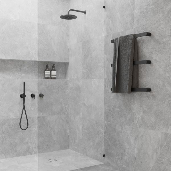 Thermogroup 12V Flat Pill Single Bar Horizontal 632mm Heated Towel Rail Matte Black in Modern Bathroom Design - The Blue Space