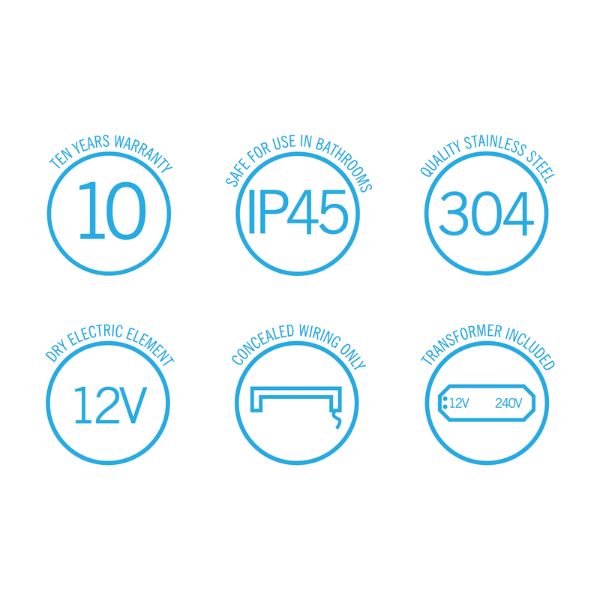 Symbols; Thermogroup 12V Round Single Bar Horizontal 450mm Heated Towel Rail