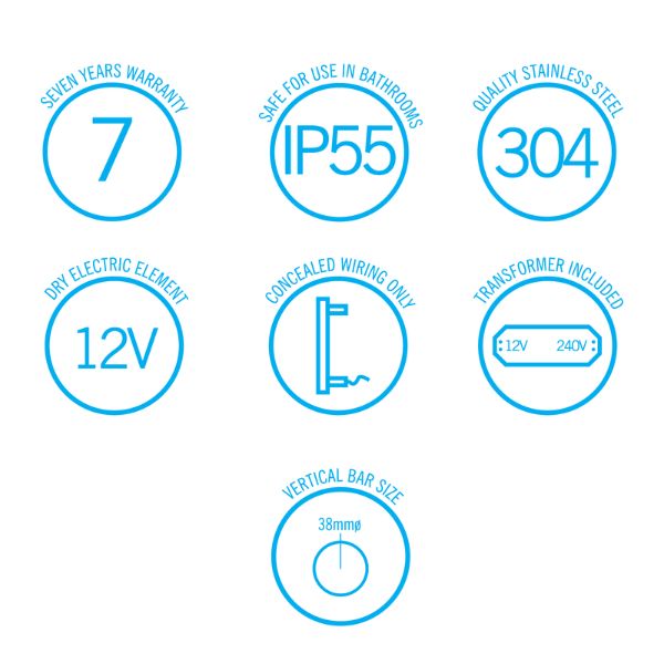 Symbols; Thermogroup 12V Straight Round Vertical Single Bar Heated Towel Rail