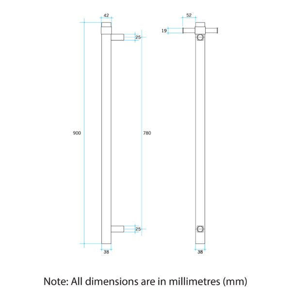 Technical Drawing; Thermogroup 12V Straight Round Vertical Single Bar Heated Towel Rail