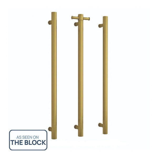 Thermogroup 12V Straight Round Vertical Single Bar Narrow/Small Heated Towel Rail Brushed Gold