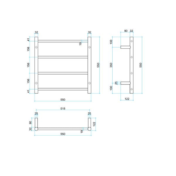 Technical Drawing; Thermogroup 4 Bar 550mm Heated Towel Ladder 