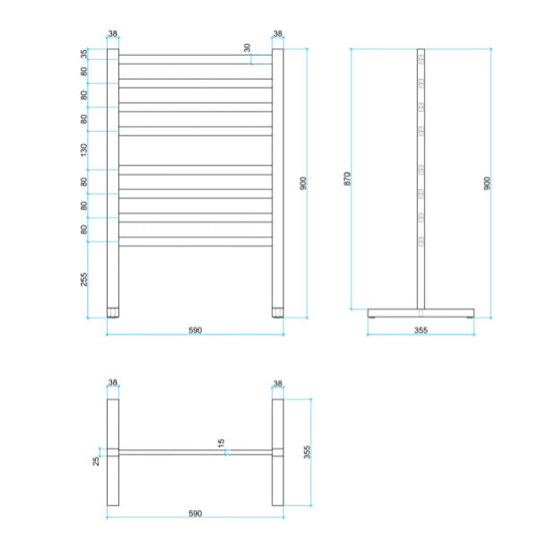 Thermogroup 8 Bar Straight Flat Freestanding Heated Towel Rail 590mm Technical Drawing - The Blue Space