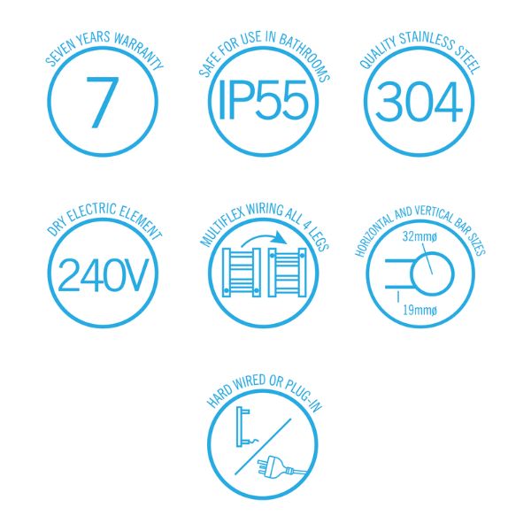 Symbols; Thermogroup 8 Bar Thermorail Heated Towel Ladder 750mm