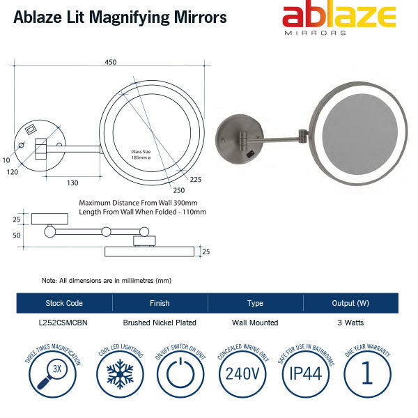 Thermogroup Ablaze 3x Magnification Wall Mounted Shaving Mirror Technical Drawing - Online at The Blue Space