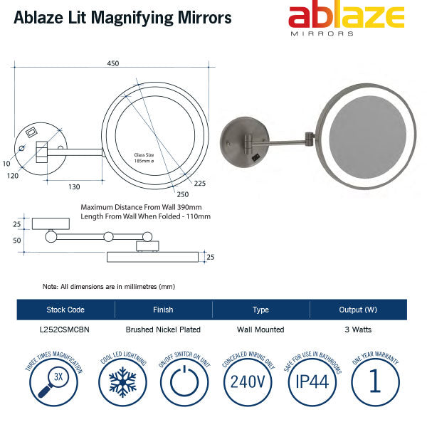 Thermogroup Ablaze 3x Magnification Wall Mounted Shaving Mirror - Brushed Nickel