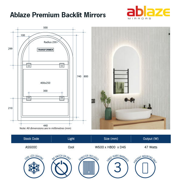Thermogroup Ablaze Backlit Arch Shape Mirror 500x800x45mm 47Watts Technical Drawing - Online at The Blue Space