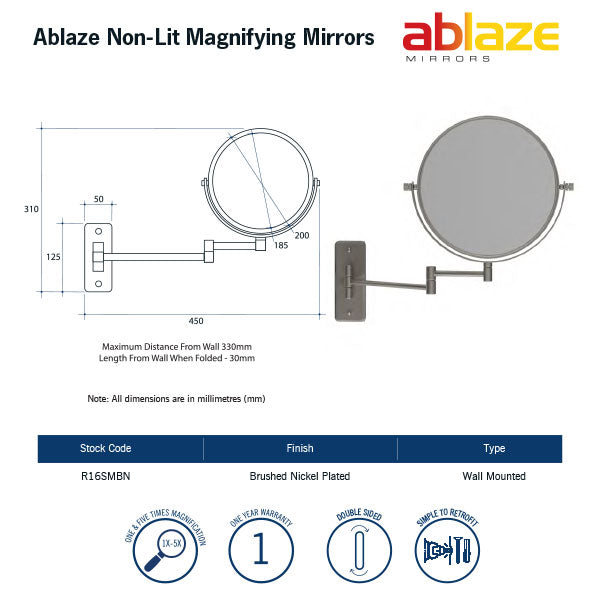 Thermogroup Ablaze Double sided 1 & 5x Magnification Wall Mounted Shaving Mirror - Brushed Nickel