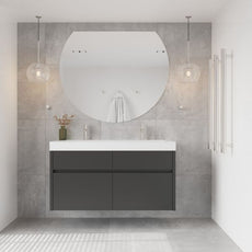 Thermogroup Hamilton Ablaze Mirror D-Shaped Polished Edge Mirror 1200mm features wall hung double bowl vanity, brushed nickel taps and heated towel rails | The Blue Space