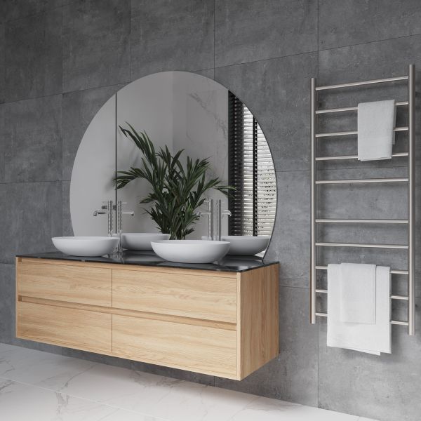Thermogroup Hamilton Ablaze Mirror D-Shaped Polished Edge Mirror 1500mm features wall hung double bowl vanity, white above counter basin, chrome taps and heated towel rails | The Blue Space