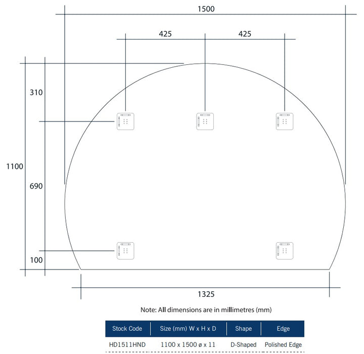 Technical Drawing: Thermogroup Hamilton Ablaze Mirror D-Shaped Polished Edge Mirror with Demister 1100x1500mm