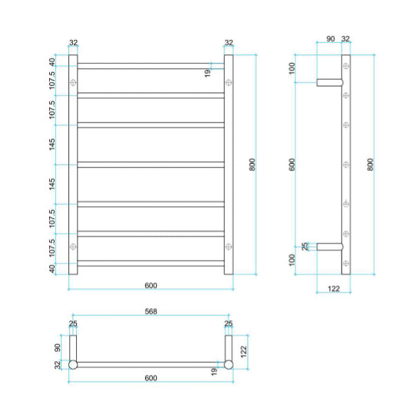 Thermogroup 7 Bar Thermorail Heated Towel Rail Technical Drawing - The Blue Space