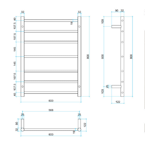 Thermogroup 7 Bar Heated Towel Rail Polished Rose Gold Technical Drawing - The Blue Space