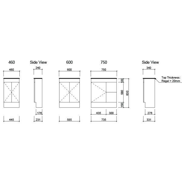 Timberline Ensuite Floor Standing Vanity with Acrylic Top Technical Drawing - The Blue Space