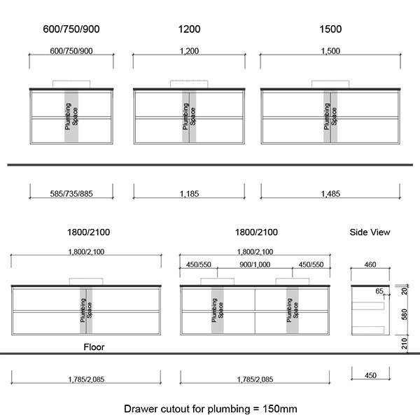 Timberline Grange Wall Hung Vanity with Silksurface Top & Basin Technical Drawing - The Blue Space
