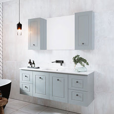Nevada Classic Vanity 1500mm with Light Grey Satin Cabinet with Quest Gloss Dolomite Top and Flat Knob Black Handle. Classic Bathroom Setting at The Blue Space