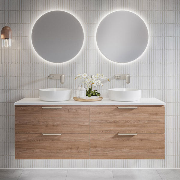 Second Image: Timberline Nevada Plus Wall Hung Vanity Double Bowl 1500mm in Tasmanian Oak Cabinet finish with Arctic White SilkSurface Top and White Gloss Alllure Ceramic Basin - The Blue Space