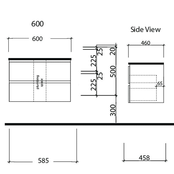 Timberline Nevada Plus Wall Hung Vanity with Above Counter Basin 600mm Technical Drawing - The Blue Space