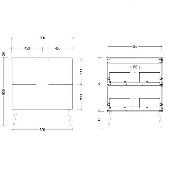 Timberline Sutherland House Deco Vanity 600mm Technical Drawing-The Blue Space