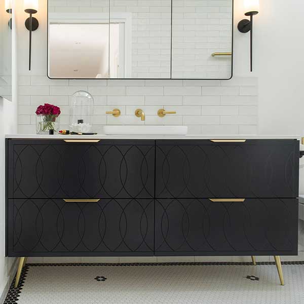 Timberline Sutherland House Deco Vanity 1500mm,  Calcutta Snow SilkSurface Top, Above Counter Basin, Brushed Gold Ova Handles, Brushed Gold Angled Legs, Black Satin finish -The Blue Space
