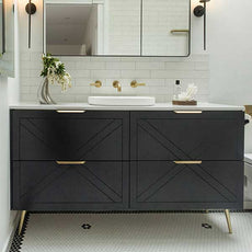 Timberline Sutherland House Farmhouse Vanity 1500mm,  Calcutta Snow SilkSurface Top, Above Counter Basin, Brushed Gold Ova Handles, Brushed Gold Angled Legs, Black Satin finish - The Blue Space