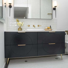 Timberline Sutherland House Retro Vanity 1500mm,  Calcutta Snow SilkSurface Top, Above Counter Basin, Brushed Gold Ova Handles, Brushed Gold Angled Legs, Black Satin finish -The Blue Space