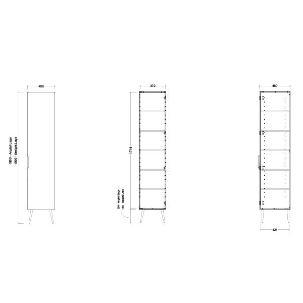 Timberline Sutherland House Storage Cabinet 400mm With Angled Legs Technical Drawing - The Blue Space