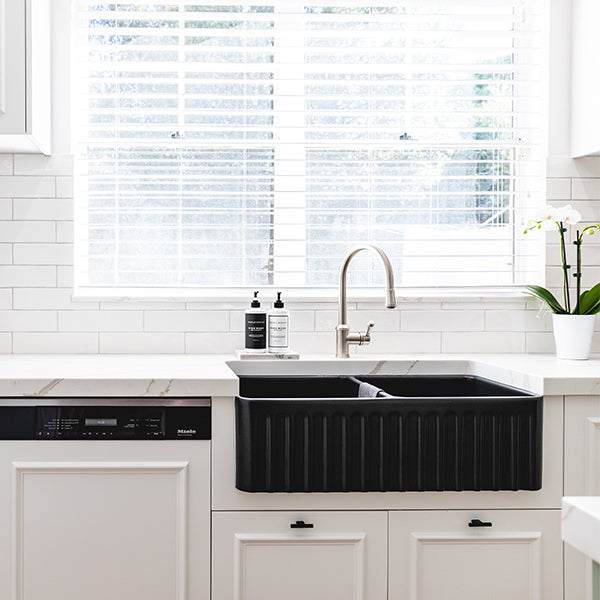 Turner Hastings Novi 85 x 46 Fine Fireclay Butler Sink - Matte Black Lifestyle Image at The Blue Space