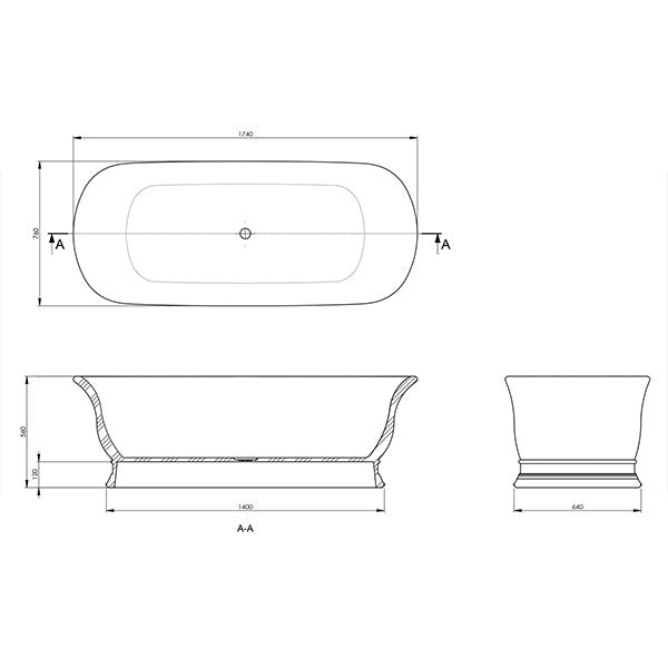 Turner Hastings Cambridge 174 TitanCast Freestanding Bath Technical Drawing - The Blue Space