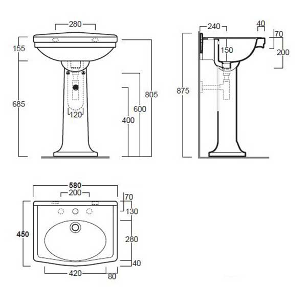 Turner Hastings Claremont 58 x 45 Basin And Pedestal 1TH Technical Drawing - The Blue Space