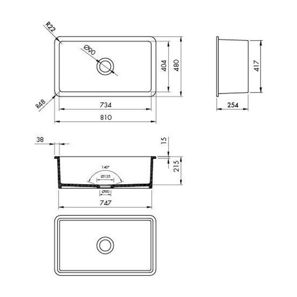 Turner Hastings Cuisine 81 x 48 Inset/Undermount Fine Fireclay Sink Technical Drawing - The Blue Space