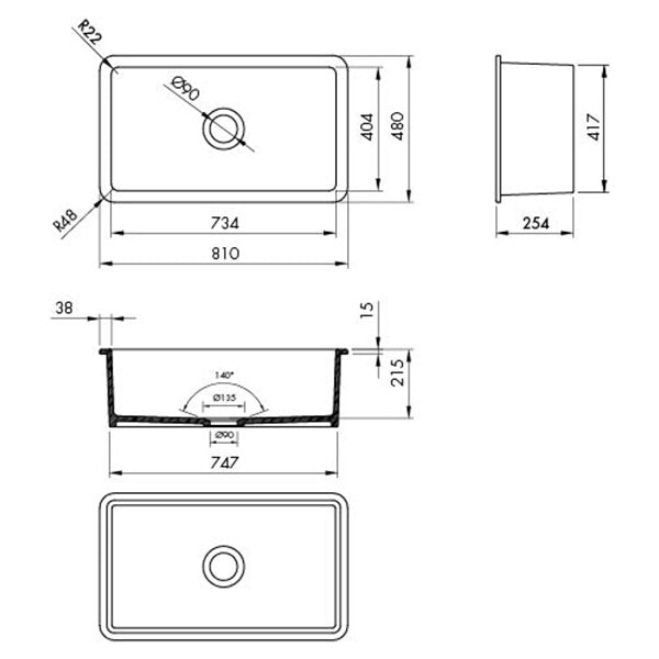 Turner Hastings Cuisine 81 x 48 Inset/Undermount Fine Fireclay Sink Technical Drawing - Online at The Blue Space