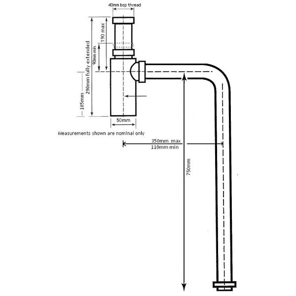 Turner Hastings Deluxe Brass 40mm Bottle S Trap Technical Drawing - The Blue Space