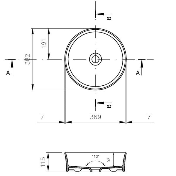 Turner Hastings Fino 382 Above Counter Basin Technical Drawing - Online at The Blue Space