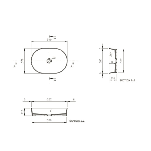 Turner Hastings Fino Above Counter Basin Technical Drawing - The Blue Space