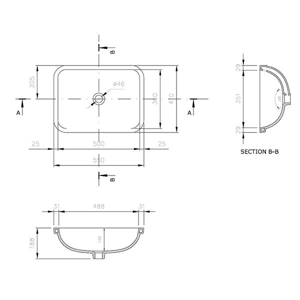 Turner Hastings Fino 55 x 41 Undercounter Basin Technical Drawing - The Blue Space