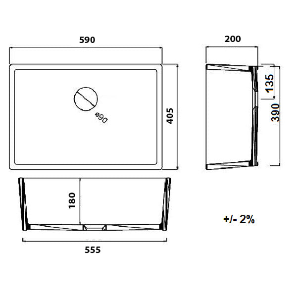 Turner Hastings Galdor Fine Fireclay Sink Technical Drawing - The Blue Space