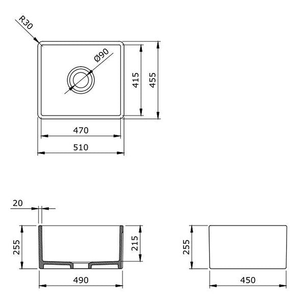 Turner Hastings Novi 50 x 46 Fine Fireclay Butler Sink Technical Drawing - The Blue Space
