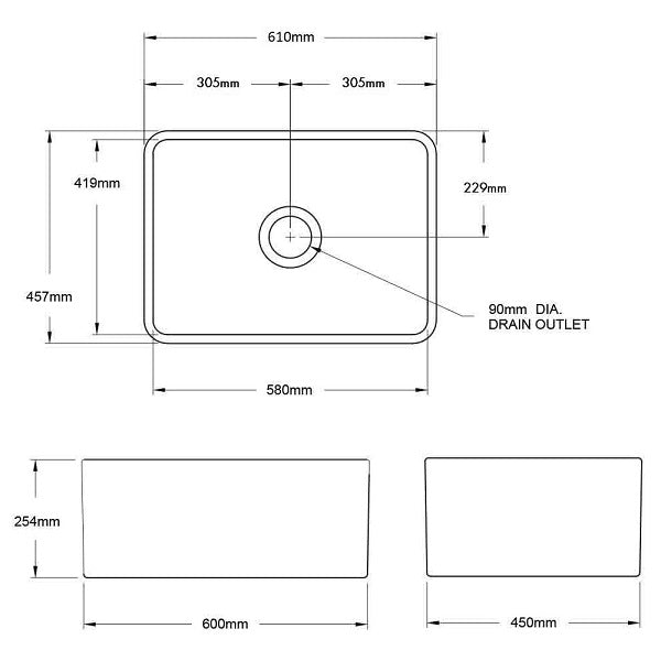 Technical Drawing: Turner Hastings 60 x 46 Fine Fireclay Concrete Look Butler Sink