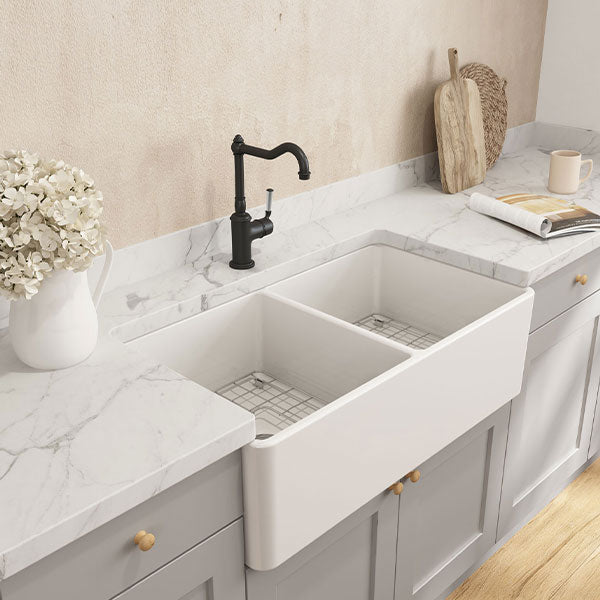 Turner Hastings Novi 85 x 46 Fireclay Double Butler Sink, Universal Flat And Ribbed Front - The Blue Space