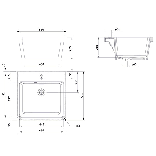 Turner Hastings Ravine 51 x 51 Fine Fireclay Inset Sink Technical Drawing - The Blue Space