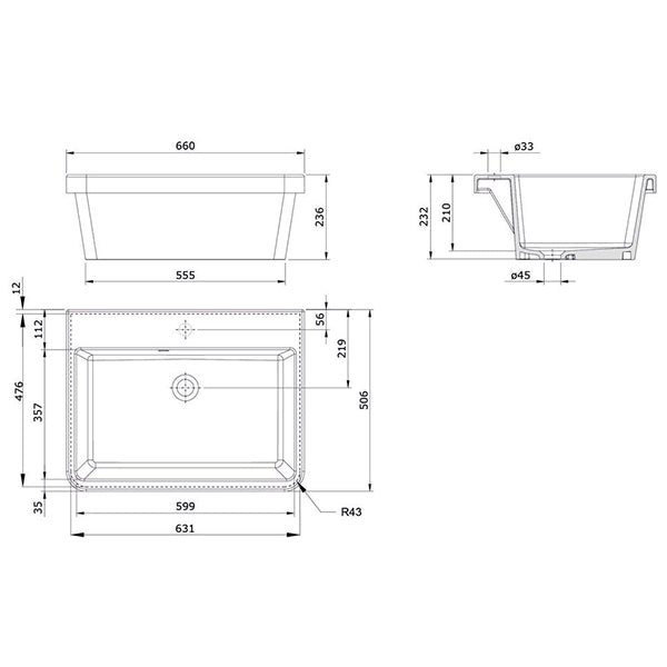 Turner Hastings Ravine 66 x 51 Fine Fireclay Inset Sink Technical Drawing - The Blue Space