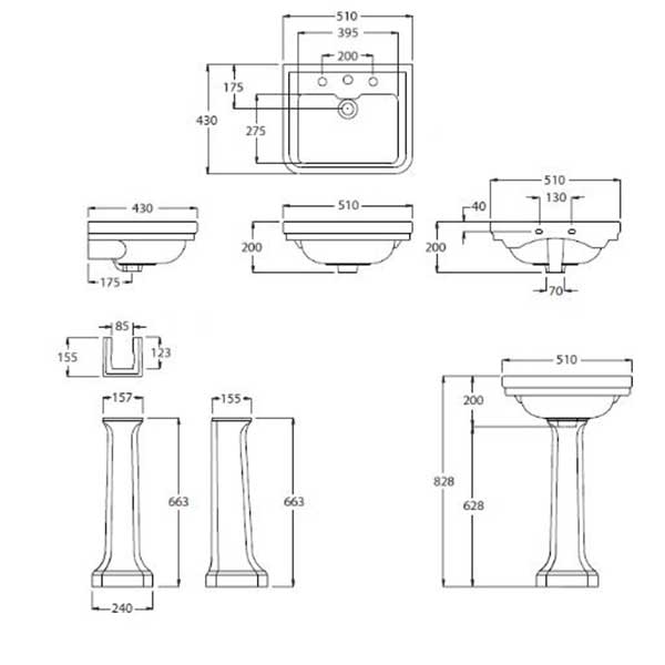Turner Hastings Stafford 51 x 43 Basin And Pedestal 1TH Technical Drawing - The Blue Space