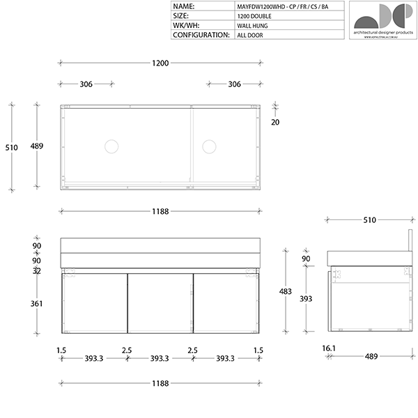 ADP Mayfair All-Door Wall Hung Vanity 1200mm Doule Bowl Technical Drawing - The Blue Space