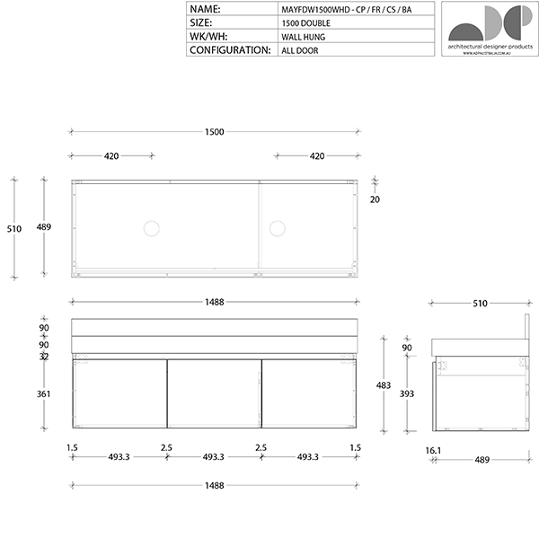ADP Mayfair All-Door Wall Hung Vanity 1500mm Double Bowl Technical Drawing - The Blue Space