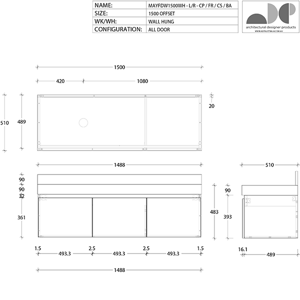 ADP Mayfair All-Door Wall Hung Vanity 1500mm Offset Technical Drawing - The Blue Space