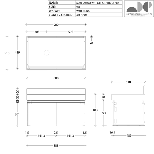 ADP Mayfair All-Door Wall Hung Vanity 900mm Offset Technical Drawing - The Blue Space