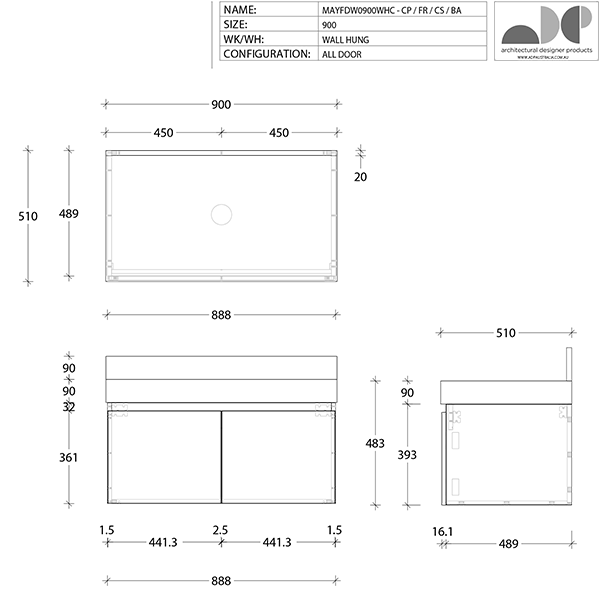 ADP Mayfair All-Door Wall Hung Vanity 900mm Centre Technical Drawing - The Blue Space
