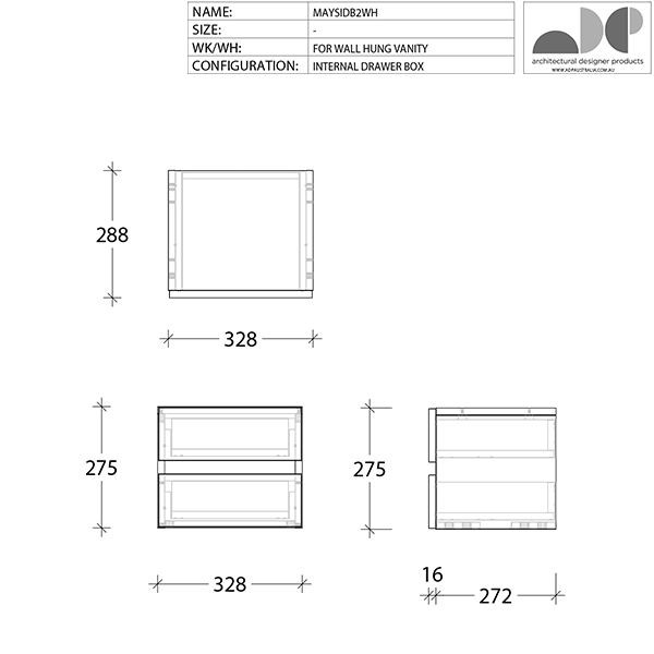 ADP Mayfair All-Door Wall Hung Vanity Drawer Box Technical Drawing - The Blue Space